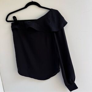 Olivaceous Black Off-Shoulder Ruffle Women's Top